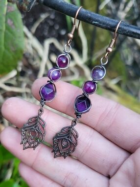 Purple Agate & Enhanced Purple Tigers Eye Handmade Copper Earrings